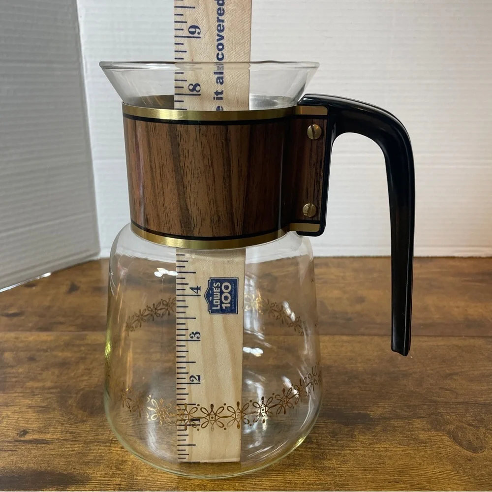 VTG Cory Glass 8c Coffee Pot Carafe Pitcher‎ Wood Grain Gold DGPL5 Retro 70s 80s